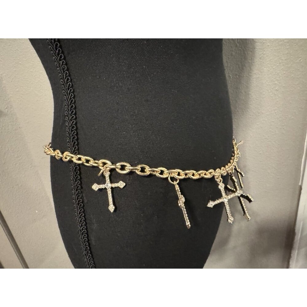 NOIR Belt Long Rope Link Chain CZ Cross Goldtone Adjustable XL Extra Large NEW - Picture 5 of 13